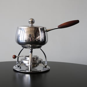 Atomic Fondue Set Stainless Steel with Teak Handles Space Age Mid Century Design 1970s