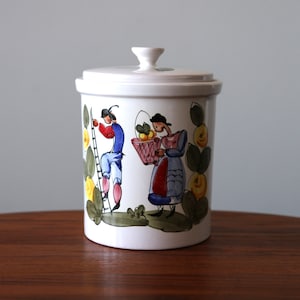 Vintage Italian Canister Man Woman Harvest Theme Hand Illustrated Mid Cenury Ceramic