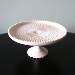 Vintage Jeanette  Large Cake Stand MCM Pink Milk Glass Pedestal Plate Geometric Design 1950s