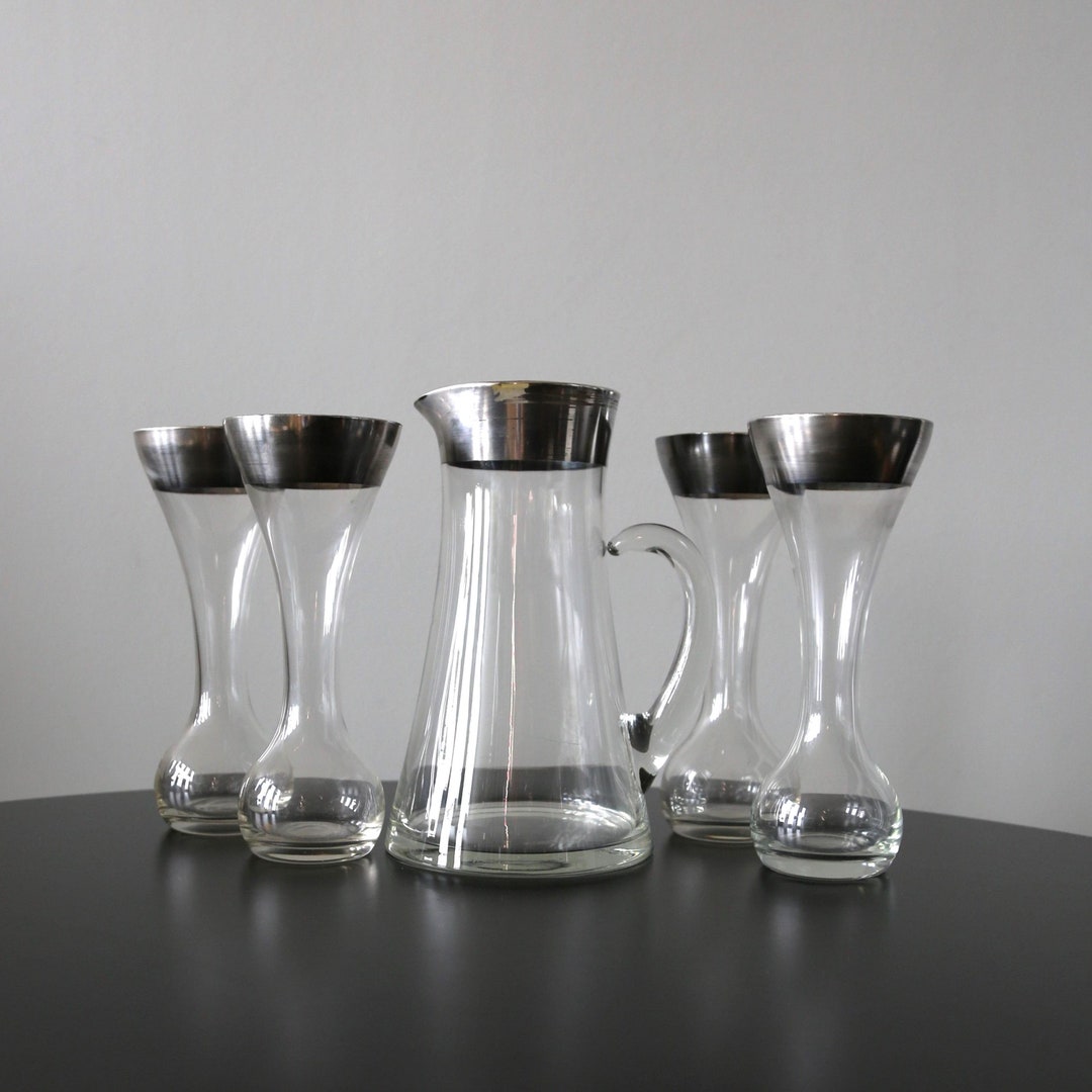 Rare Dorothy Thorpe Pitcher + 4 Glasses Mid Century Silver Rim Barware