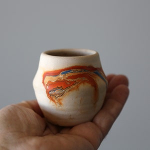 Small Nemadji Vase: Mid-Century Modern Orange & Blue Swirl Pottery