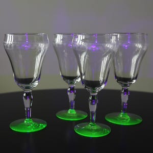 Set 4 Fostoria Uranium Wine Glasses Vaseline Depression Glass Cocktails Needle Etched Design - Two Sets Available