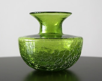 Blenko Green Crackle Glass Vase 6614 Spittoon Design Joel Myers 1966