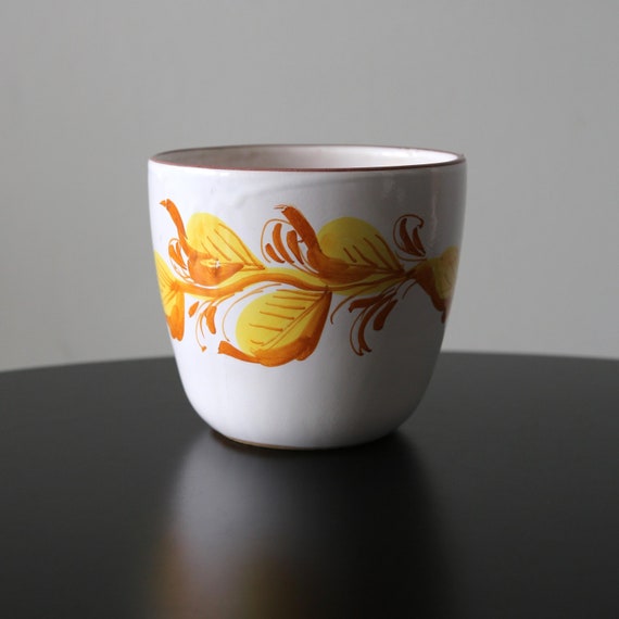 Vintage Italian Hand Painted Flower Pot with Floral Design Mid Century Modern Planter