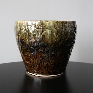 Large Robinson Ransbottom Floor Planter 10&quot; Art Nouveau Pottery Jardiniere Brown + Green Majolica Glaze RRPC Roseville, Ohio #1420