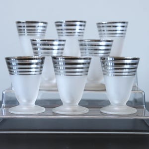 Set 8 Art Deco Aperitif Glasses with Platinum Bands Mid Century Bar Ware Shot Glasses