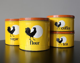S/4 Vintage Tin Canister Set Modernist Rooster Design 1970s