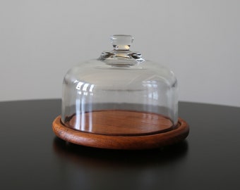 Vintage Goodwood Teak Wood Cheese Plate with Glass Cloche Dome MCM Kitchen Ware Charcuterie Board