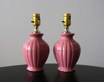 Pair Mid Century Small Lamps Vintage Ceramic Pink / Mauve Accent Table Lamps 1980s Lighting