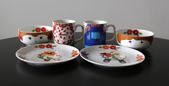 Vintage 1970s Children s Set Boy Girl 3 Piece Porcelain Cup Plate Bowl Sold Separately Etsy UK