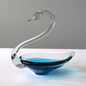 Vintage Large Glass Swan Handmade Clear + Blue Candy Dish, Catchall Art Glass