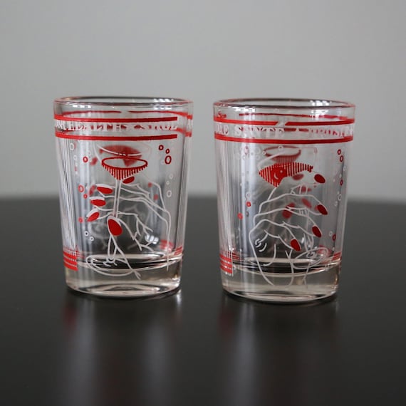 Pair Hazel Atlas Shot Glasses: Mid Century Barware With Retro