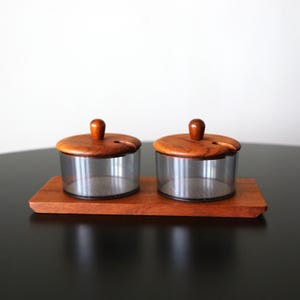 Mid Century Teak Condiment Set Luthje Denmark Teakwood + Plastic Bowls with Tray
