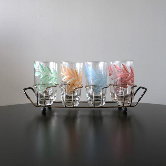 Vintage MCM Leaf Tumblers with Gold Metal Caddy - Set of 8