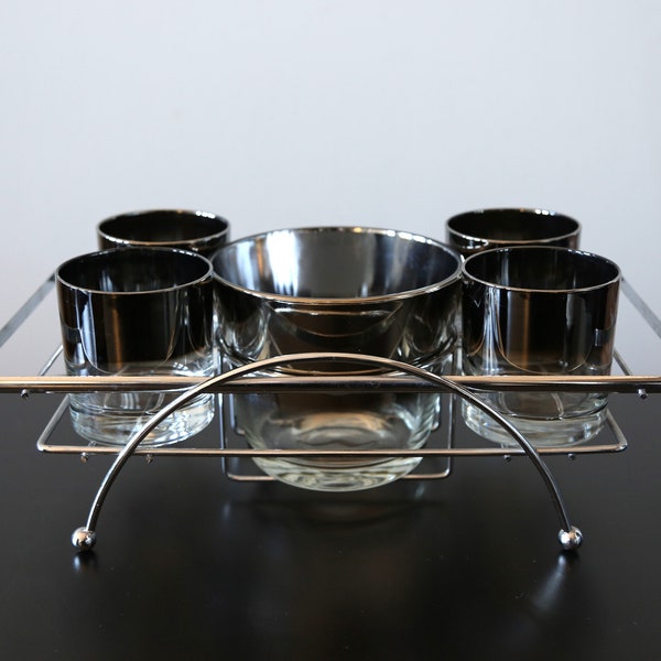 MCM Silver Ombre Fade Bar Set Ice Bucket, 4 DOF Glasses + Caddy / Carrier Vitreon Queen's Lusterware ISO Dorothy Thorpe Vintage Kitchen Ware