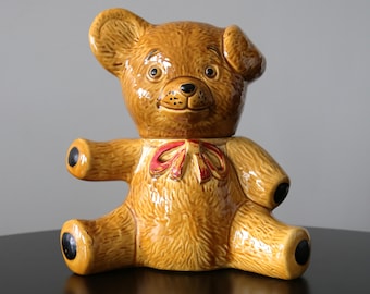 青い帽子をかぶったヴィンテージ風セラミック製クマ型クッキージャー