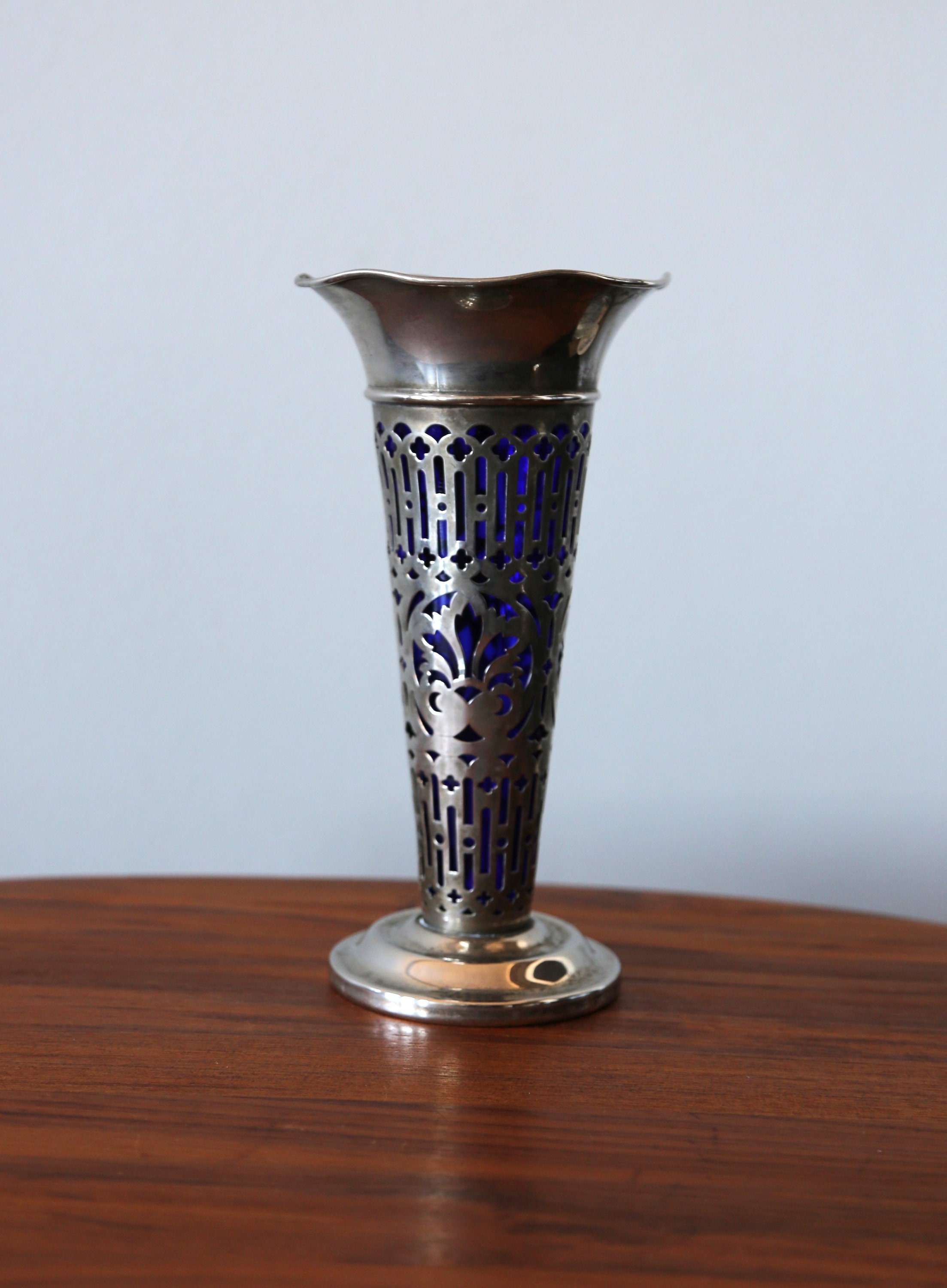 Vintage Godinger Silverplate Vase With Cobalt Blue Glass Insert