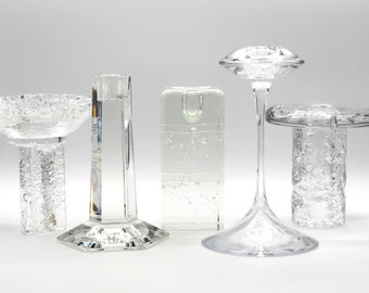 Single Candlesticks by Famous Designers - Timo Sarpaneva, Kjell Engman, Frank Lloyd Wright, Lars Hellsten, Pukeberg MCM Glass Ware