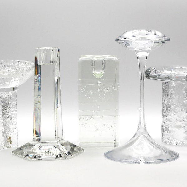 Single Candlesticks by Famous Designers - Timo Sarpaneva, Kjell Engman, Frank Lloyd Wright, Lars Hellsten, Pukeberg MCM Glass Ware