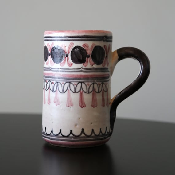 Vintage Talavera Spain Ceramic Mug Handpainted Pink + Black España Signed Pottery