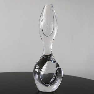 Könnte beinhalten: Eine Vase aus klarem Glas mit einem hohen, schlanken Hals und einem bauchigen, abgerundeten Fuß. Das Design zeichnet sich durch eine glatte, organische Silhouette mit einer hohlen, vertieften Mitte im unteren Bereich aus, die eine transparente Form bildet.