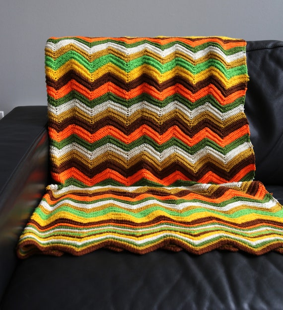 Vintage Afghan Throw Blanket Handmade Crocheted Coverlet 45 X 45 Mid Century Modern Orange Green Yellow Dark Brown Blanket Etsy Canada