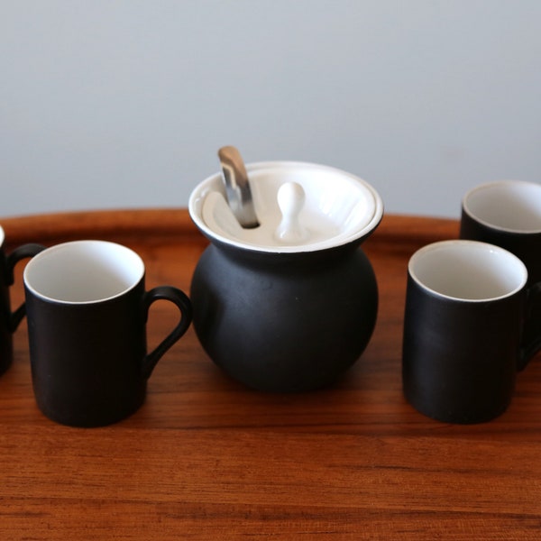 Kenji Fujita for Freeman Lederman Modernist Sugar Bowl + 4 Demitasse Espresso Cups Mid Century Modern Japanese Style Lagardo Tackett 1960s