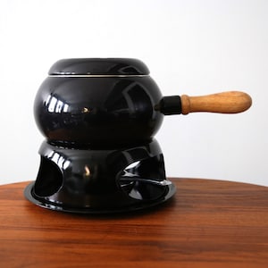Vintage Space Age Fondue Set Black Enamel Fondue Pot, Fork Rest, Stand, Burner, Tray Mid Century Modern Kitchen Ware