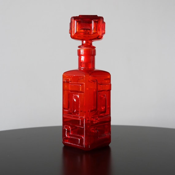Vintage Empoli Red Glass Cubist Genie Bottle Decanter 1960s