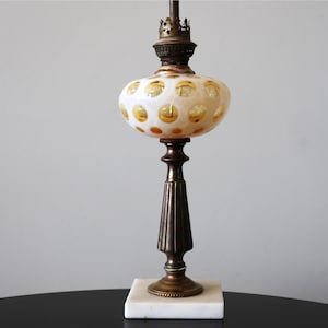 Fenton Opalescent Honeysuckle Coin Dot Lamp Vintage Optic Glass Lamp on White Marble Base