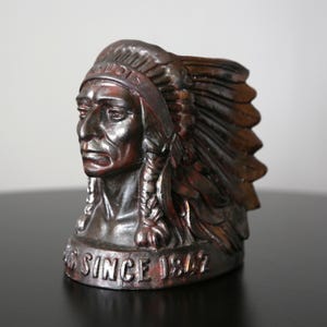 Vintage Iroquois Beer Indian Chief Bronze Foam Scraper Holder: 1940s Bar Display