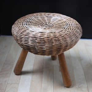 Tony Paul Attributed Wicker + Wood Stool Mid Century Tripod Seating 1950s