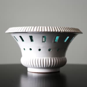 Vintage Italian Orchid Planter: Handpainted White & Turquoise Porcelain, Cut Out Design