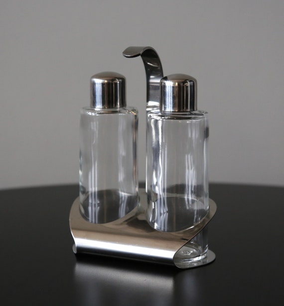 Carlo Giannini Oil and Vinegar Cruet: Mid Century Italian Stainless Steel & Glass