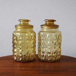LE Smith Amber Atterbury Scroll Canisters Mid Century Modern Kitchen Glass Ware - Sold Individually