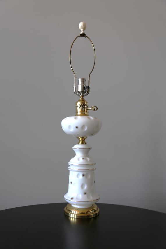 Vintage 1950s Atomic Sputnik Milk Glass Lamp, Gold Starburst
