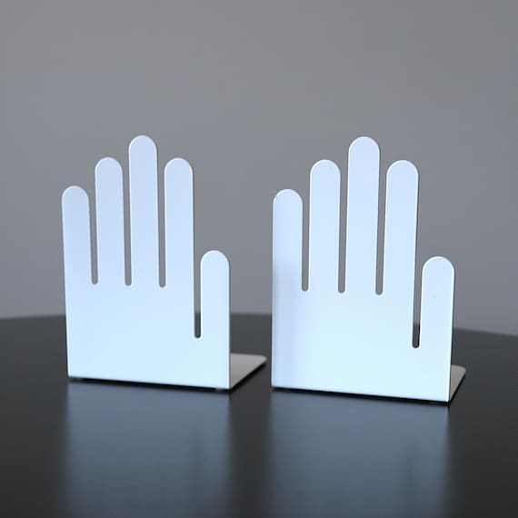 Vintage 1980s White Hand Bookends Spectrum MCM Steel Coated Metal Bookends