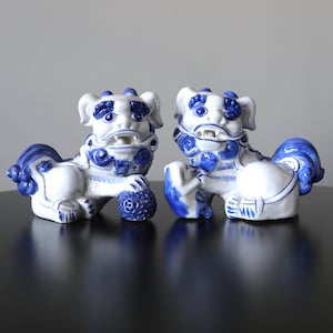 Pair Chinese Foo Dog Statues Vintage Porcelain Handpainted Figurines Mid Century Chinoiserie Shishi Guardian Lions