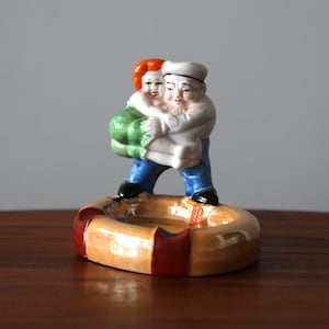 Vintage Sailor + &quot;Friend&quot; Risqué Ashtray Japanese Art Deco Lustreware Two Slot Ceramic Ash Tray