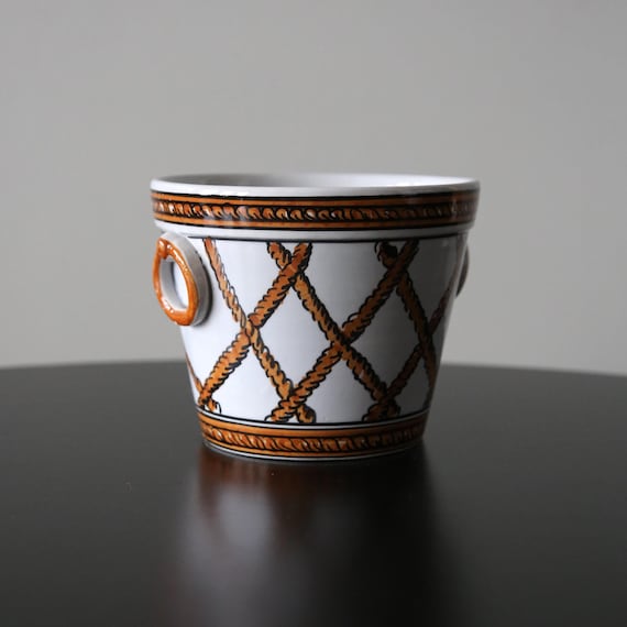 Vintage Hand Painted Flower Pot with Rope Design Mid Century Modern Portugal Planter