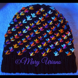 May include: A black knit beanie with a repeating pattern of colorful, leaf-like designs in shades of blue, orange, yellow, and pink. The text "Mary Uriano" is written in cursive at the bottom of the hat.