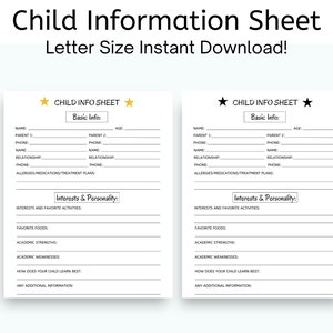 Scheda informativa per bambini e neonati, Modulo di ammissione all'asilo nido. Modulo per insegnanti di scuola materna, Modulo per babysitter, Conoscere mio figlio