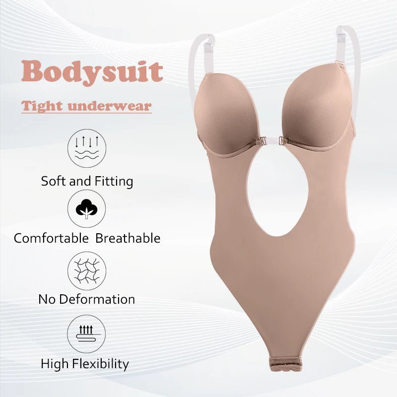 One Piece Bodysuit Shaper Built in Bra Invisible Clear Adjustable Shoulder  Straps Low Back Invisible Clear Center Bra Straps 