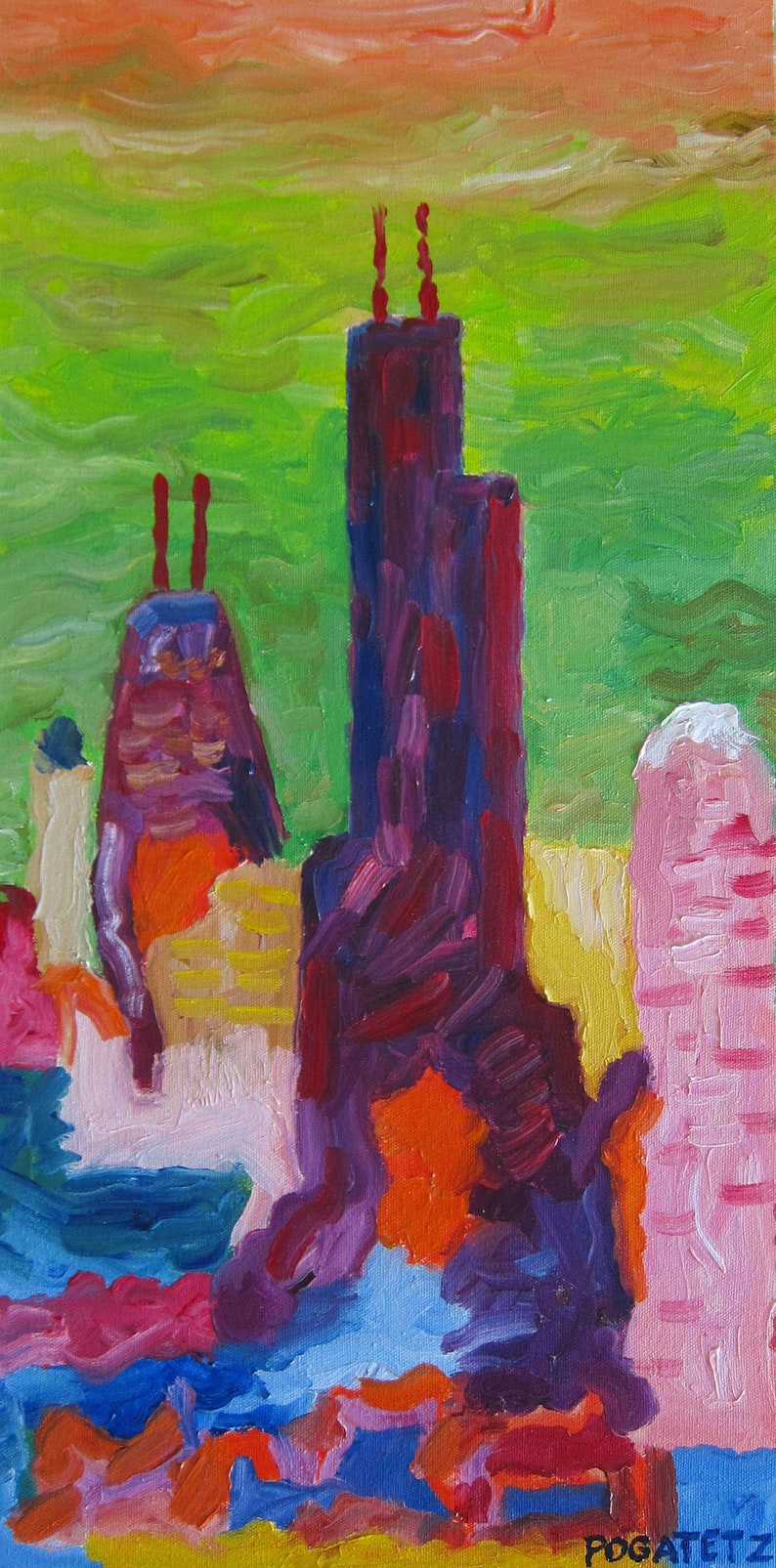 Verdant City: Original oil on canvas Chicago cityscape image 1