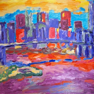 View to Manhattan: Original oil on canvas New York cityscape