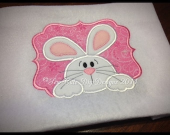 Cute Easter Bunny hanging over a appliqued elegant border - Instant Download