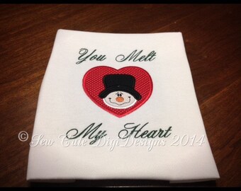 You Melt My Heart - featuring a adorable snowman within a heart - applique design