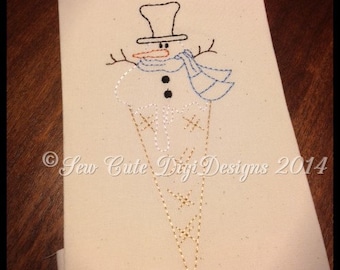 Primitive Redwork Snow-cone Snowman Machine Embroidery Design - Instant Download