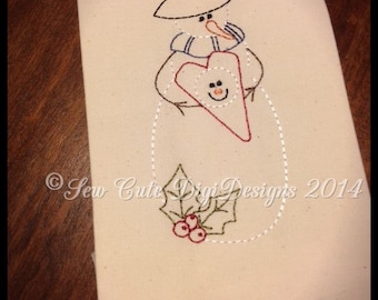 Primitive Redwork Heart Holding Snowman Machine Embroidery Design - Instant Download