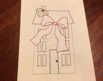 Primitive Country Christmas Saltbox Redwork Machine Embroidery Design - Instant Download